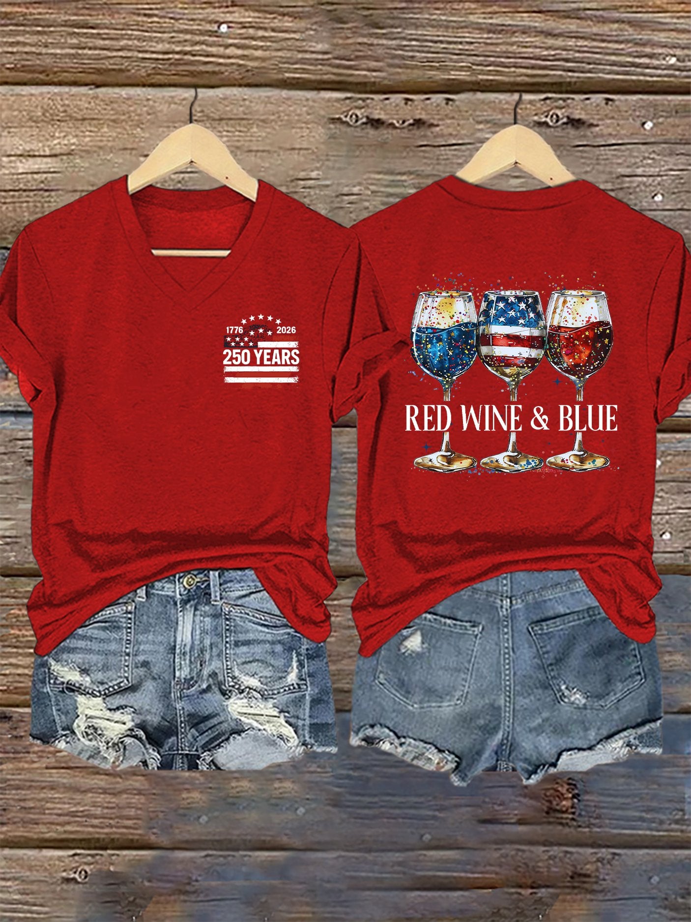 V-Neck Retro 1776โ2026 250 Year Red Wine & Blue Print T-Shirt
