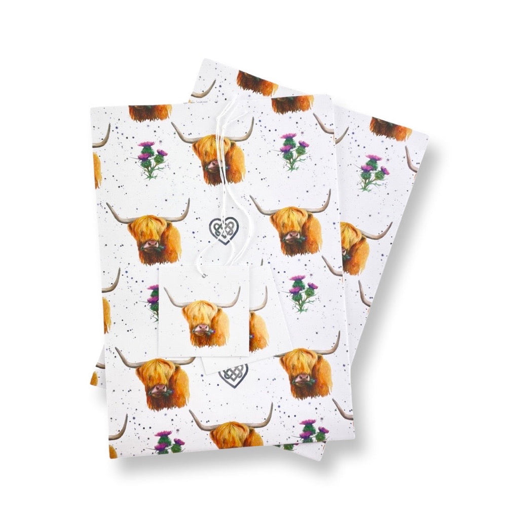 Highland Cow - Thistle and Celtic Knot Work Wrapping Paper and Tags
