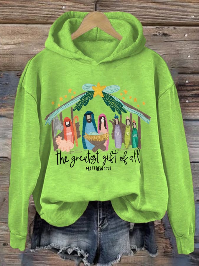 Retro Christmas The Greatest Gift Of All Matthew 1:21 Print Hoodie